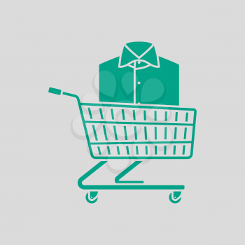 Shopping Cart With Clothes (Shirt) Icon. Green on Gray Background. Vector Illustration.
