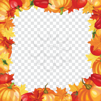 Thanksgiving Day Greeting Card. Design Consist From Pumpkin, Pepper, Tomato, Maple Leaves Over Transparency (alpha) grid With Sun Rays and Flares.  Very Cute and Warm Colors. Vector illustration.