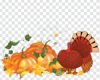 Thanksgiving Day Greeting Card. Design Consist From Pumpkin, Turkey, Tomato, Maple Leaves Over Transparency (alpha) grid With Sun Rays and Flares.  Very Cute and Warm Colors. Vector illustration.