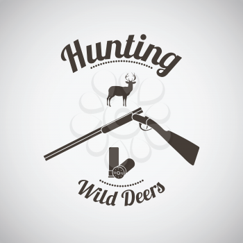 Hunting Vintage Emblem. Opened Hunting Gun With Ammo and Deer Silhouette. Dark Brown Retro Style.  Vector Illustration. 