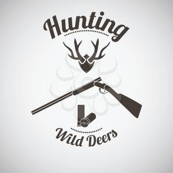 Hunting Vintage Emblem. Opened Hunting Gun With Ammo and Deers Antler Silhouette. Dark Brown Retro Style.  Vector Illustration. 