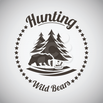 Hunting Vintage Emblem. Wild Bear Silhouette With Opened Trap on Firs Background.  Dark Brown Retro Style.  Vector Illustration. 