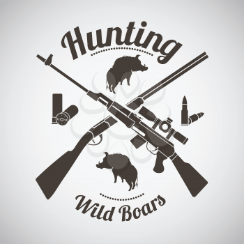 Hunting Vintage Emblem. Crossed Hunting Gun And Rifle With Ammo and Boars Silhouettes.  Dark Brown Retro Style.  Vector Illustration. 
