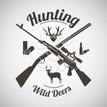 Hunting Vintage Emblem. Crossed Hunting Gun And Rifle With Ammo, Antler and Deers Silhouettes.  Dark Brown Retro Style.  Vector Illustration. 