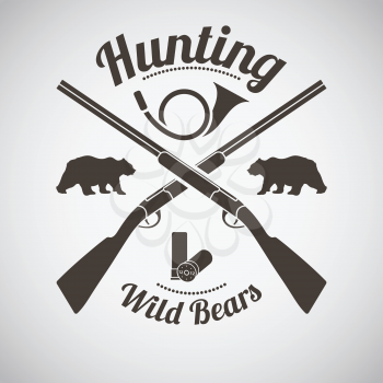Hunting Vintage Emblem. Cross Hunting Gun With Ammo, Hunting Horn and Wild Bears Silhouettes. Dark Brown Retro Style.  Vector Illustration. 