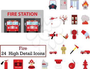 Set of 24  Fire Icons. Flat color design. Vector illustration.