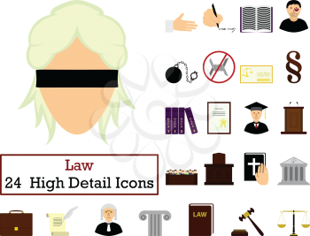 Set of 24  Law Icons. Flat color design. Vector illustration.