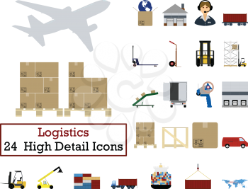 Set of 24  Logistics Icons. Flat color design. Vector illustration.