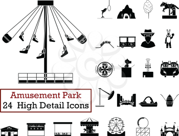 Set of 24  Amusement Park Icons. Monochrome color design. Vector illustration.
