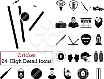 Set of 24  Cricket Icons. Monochrome color design. Vector illustration.