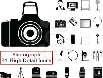 Set of 24 Photography Icons. Monochrome color design. Vector illustration.