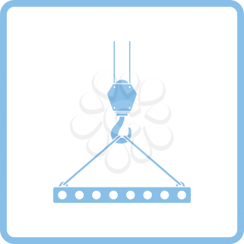 Icon of slab hanged on crane hook by rope slings . Blue frame design. Vector illustration.