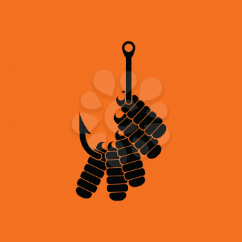 Icon of worm on hook. Orange background with black. Vector illustration.