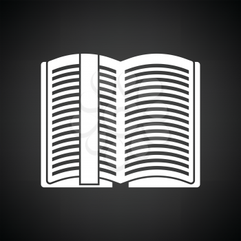 Open book with bookmark icon. Black background with white. Vector illustration.