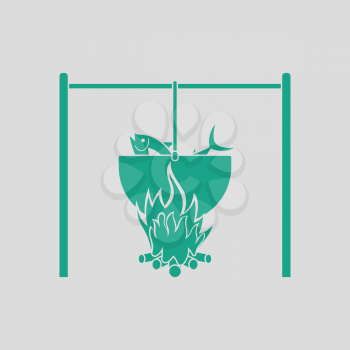 Icon of fire and fishing pot. Gray background with green. Vector illustration.