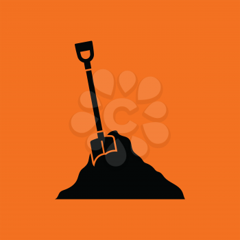 Icon of Construction shovel and sand. Orange background with black. Vector illustration.