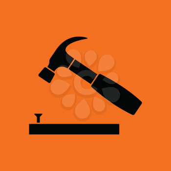 Icon of hammer beat to nail. Orange background with black. Vector illustration.