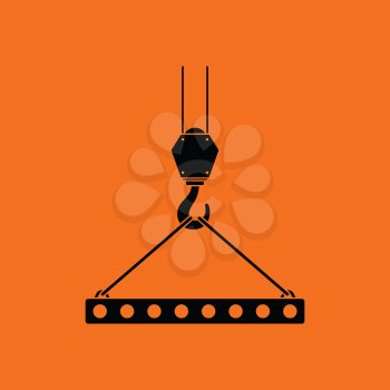 Icon of slab hanged on crane hook by rope slings . Orange background with black. Vector illustration.