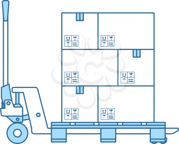 Hand Hydraulic Pallet Truc With Boxes Icon. Thin Line With Blue Fill Design. Vector Illustration.