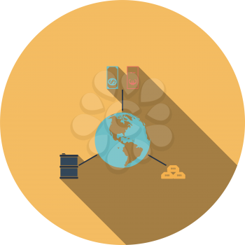 Oil, dollar and gold with planet concept icon. Flat color design. Vector illustration.