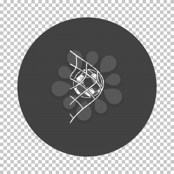Soccer ball in gate net icon. Subtract stencil design on tranparency grid. Vector illustration.