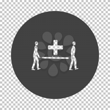 Soccer medical staff carrying stretcher icon. Subtract stencil design on tranparency grid. Vector illustration.