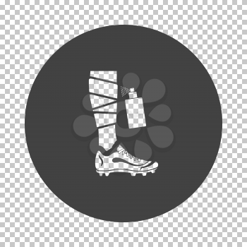 Soccer bandaged leg with aerosol anesthetic icon. Subtract stencil design on tranparency grid. Vector illustration.