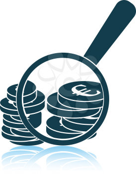 Magnifying over coins stack icon. Shadow reflection design. Vector illustration.