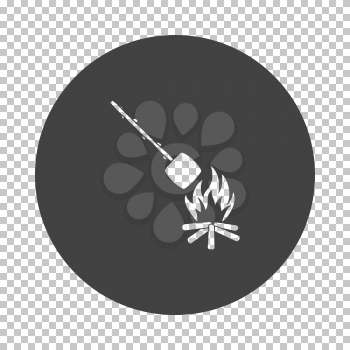 Camping fire with roasting marshmallow icon. Subtract stencil design on tranparency grid. Vector illustration.