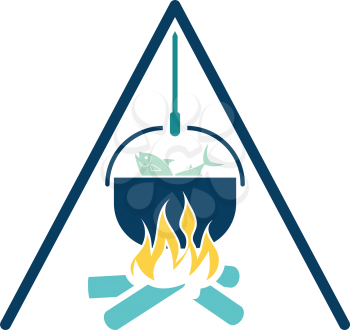 Icon of fire and fishing pot. Flat color design. Vector illustration.