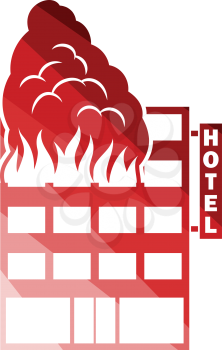 Hotel building in fire icon. Flat color design. Vector illustration.