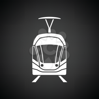 Tram icon front view. Black background with white. Vector illustration.
