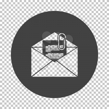 Mail with attachment icon. Subtract stencil design on tranparency grid. Vector illustration.