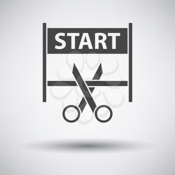 Scissors Cutting Tape Between Start Gate Icon on gray background, round shadow. Vector illustration.
