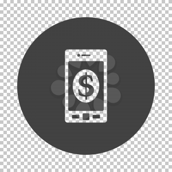Smartphone with dollar sign icon. Subtract stencil design on tranparency grid. Vector illustration.