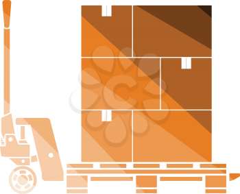 Hand hydraulic pallet truc with boxes icon. Flat color design. Vector illustration.