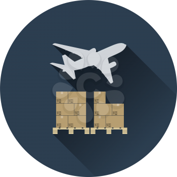Boxes on pallet under airplane. Logistic concept icon. Flat color with shadow design. Vector illustration.