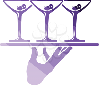Waiter hand holding tray with martini glasses icon. Flat color design. Vector illustration.