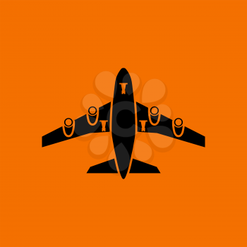 Airplane takeoff icon front view. Black on Orange background. Vector illustration.