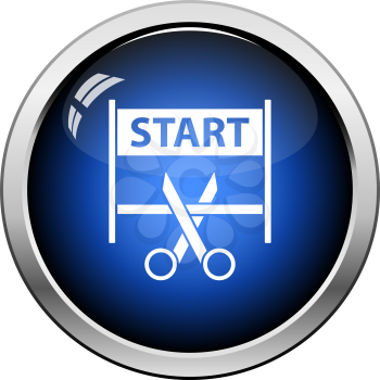 Scissors Cutting Tape Between Start Gate Icon. Glossy Button Design. Vector Illustration.