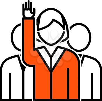 Voting Lady With Men Behind Icon. Thin Line With Orange Fill Design. Vector Illustration.