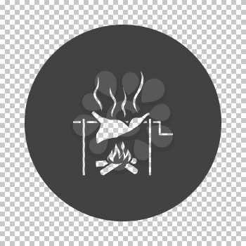 Roasting meat on fire icon. Subtract stencil design on tranparency grid. Vector illustration.