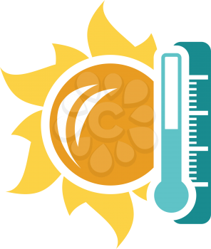 Sun and thermometer with high temperature icon. Stencil in blue and yellow tone. Vector illustration.