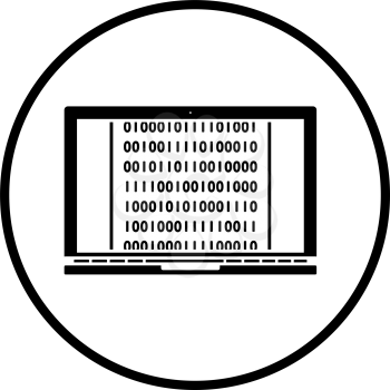 Laptop With Binary Code Icon. Thin Circle Stencil Design. Vector Illustration.