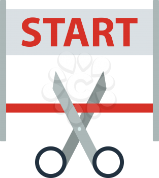 Scissors Cutting Tape Between Start Gate Icon. Flat color design. Startup series. Vector illustration.