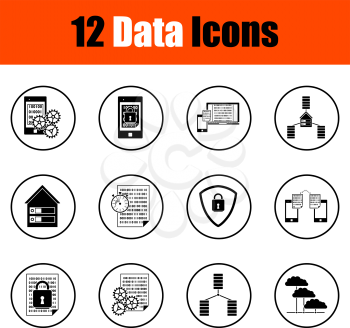 Set of 12  Data Icons. Thin Circle Design. Fully Editable Vector Illustration. Text Expanded.