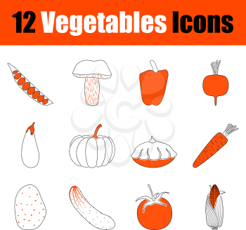 Set of 12 icons on Vegetables theme. Thin Line With Orange Design. Fully editable vector illustration. Text expanded.