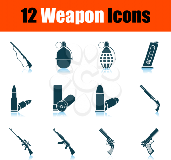 Set of 12 icons on Weapon theme. Blue Shadow Reflection Design. Fully editable vector illustration. Text expanded.