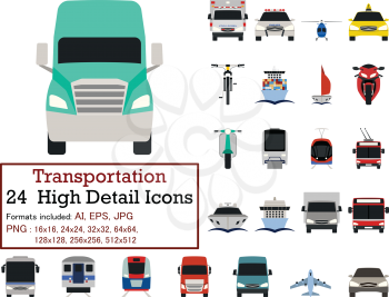 Transportation icon set in front view. Flat color design. Vector illustration.