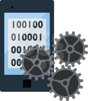 Mobile Development Icon. Smartphone with Binary Code and Gears in Front. Flat color design. Data series. Vector illustration.
